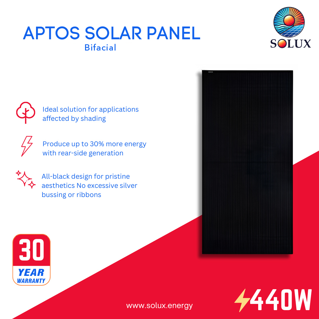 This is an image of Aptos Solar DNA-120-MF10-440 440Watt 120 1/2 Cells All Black Bifacial Solar Panels